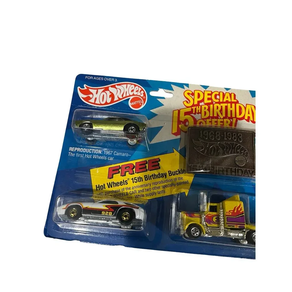 1983 Hot Wheels 15th Birthday 3-Car Set Camaro P-928 Long Shot Buckle NEW